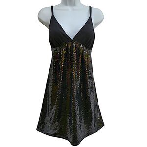Vintage Y2K LaROK Black Sequin Babydoll Party Mini Dress Disco Sparkly Cocktail